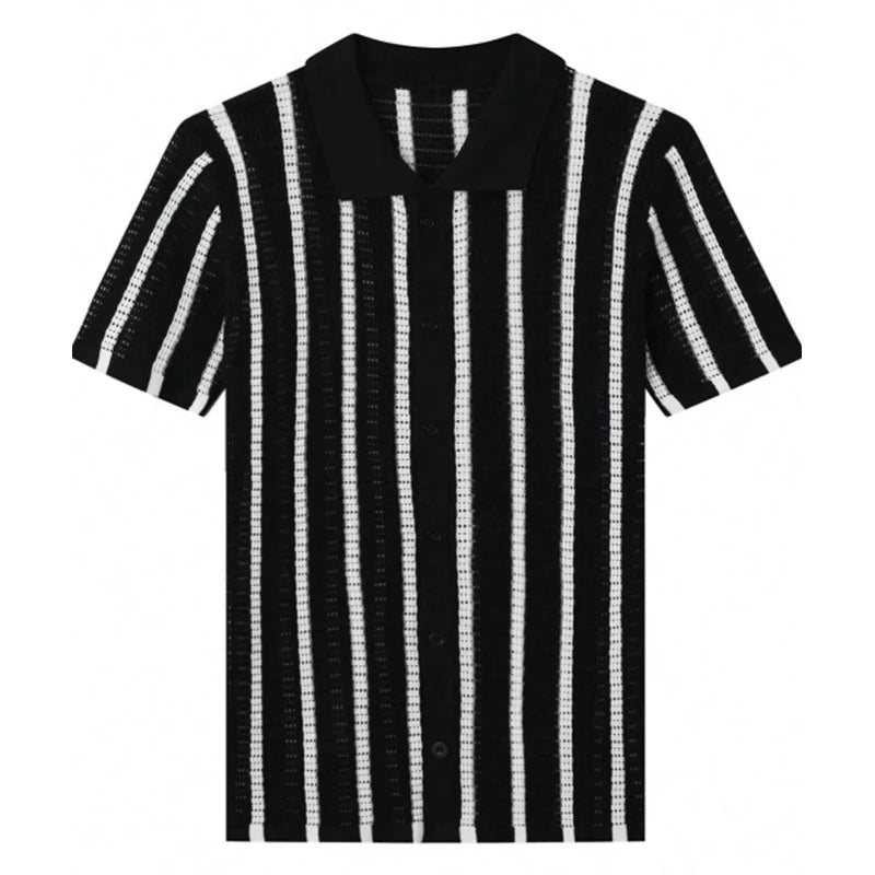Threebooy  New British Business Men Striped Polo Shirt Light Luxury Hollow Out Knit Short Sleeve  T-shirts Loose Breathable Knitwear S-2XL