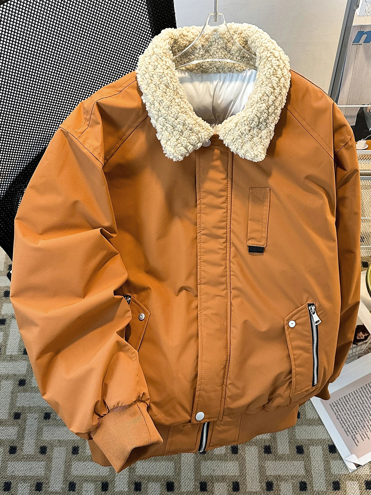 Threebooy Japanese Solid Workwear Padded Coat Winter Loose Trend Splicing Imitation Lamb Fleece Collar Cotton Jacket Casual Lapel Coat