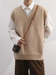 Threebooy  Vest Waistcoat Beige V Neck Knit Sweater Male Sleeveless Cigaret Old Plus Size Cheap Men's Clothing Trend Designer Luxury X