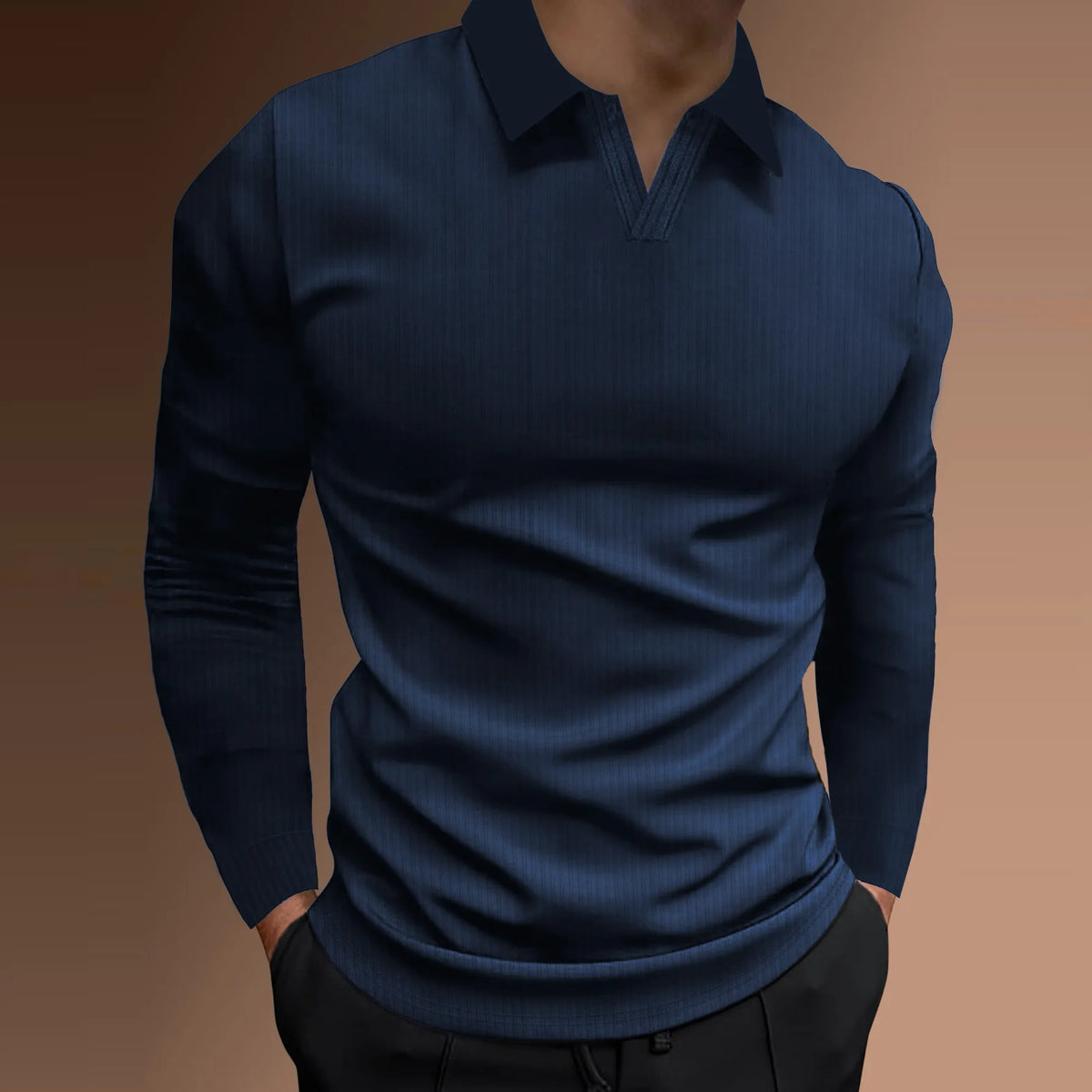 Threebooy  Men's Autumn Fitness Casual Collar Long Sleeve Striped V-Neck Polo Shirt