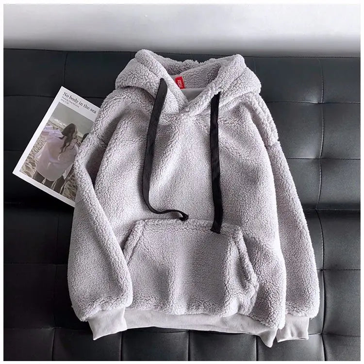 Threebooy  Women's Korean Style Fleece Hoodie Thick Warm Loose Long Sleeve Pullover Couple Matching Winter Tops