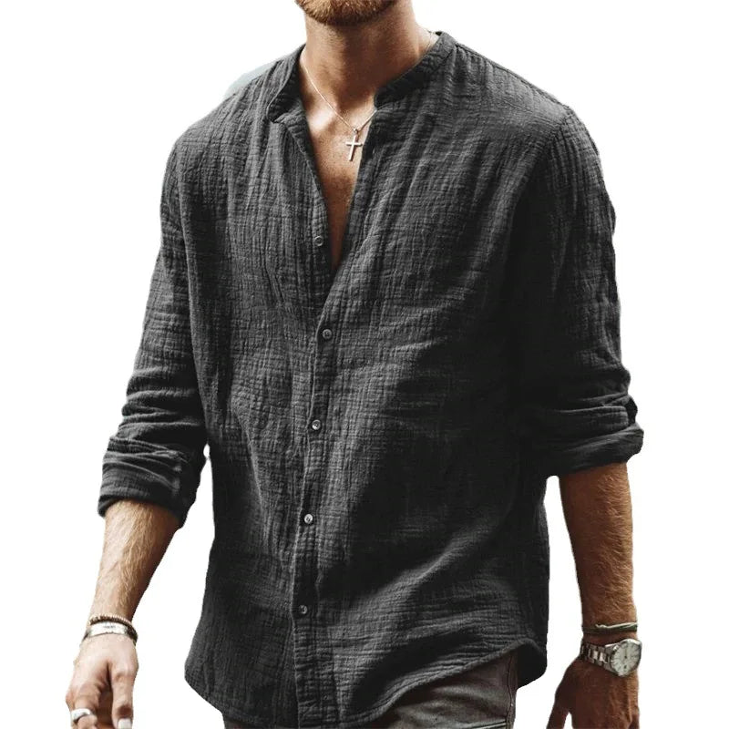Threebooy Spring Autumn New Men's Solid Casual Standing Collar Long Sleeved Linen Cardigan Shirts For Men