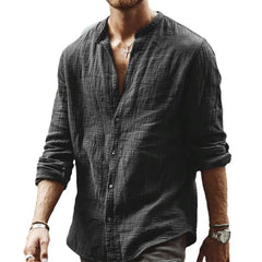 Threebooy Spring Autumn New Men's Solid Casual Standing Collar Long Sleeved Linen Cardigan Shirts For Men