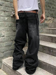 Threebooy  Fashion Men's Vintage Jeans Straight Streetwear Personality Hip Hop Trousers Male Youth Loose Wide Legs Denim Pants
