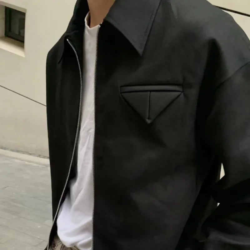 Threebooy Short Lapel Jacket Men's Spring Autumn Vintage Handsome High Street Jacket Men Women's Versatile Preppy Zipper Up Coat