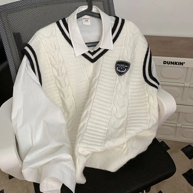 Threebooy British Style Fashion Vest Sweater Men's Korean Version 2025 Autumn Trend Loose College Sweater Couple Vest Sweater Aesthetic