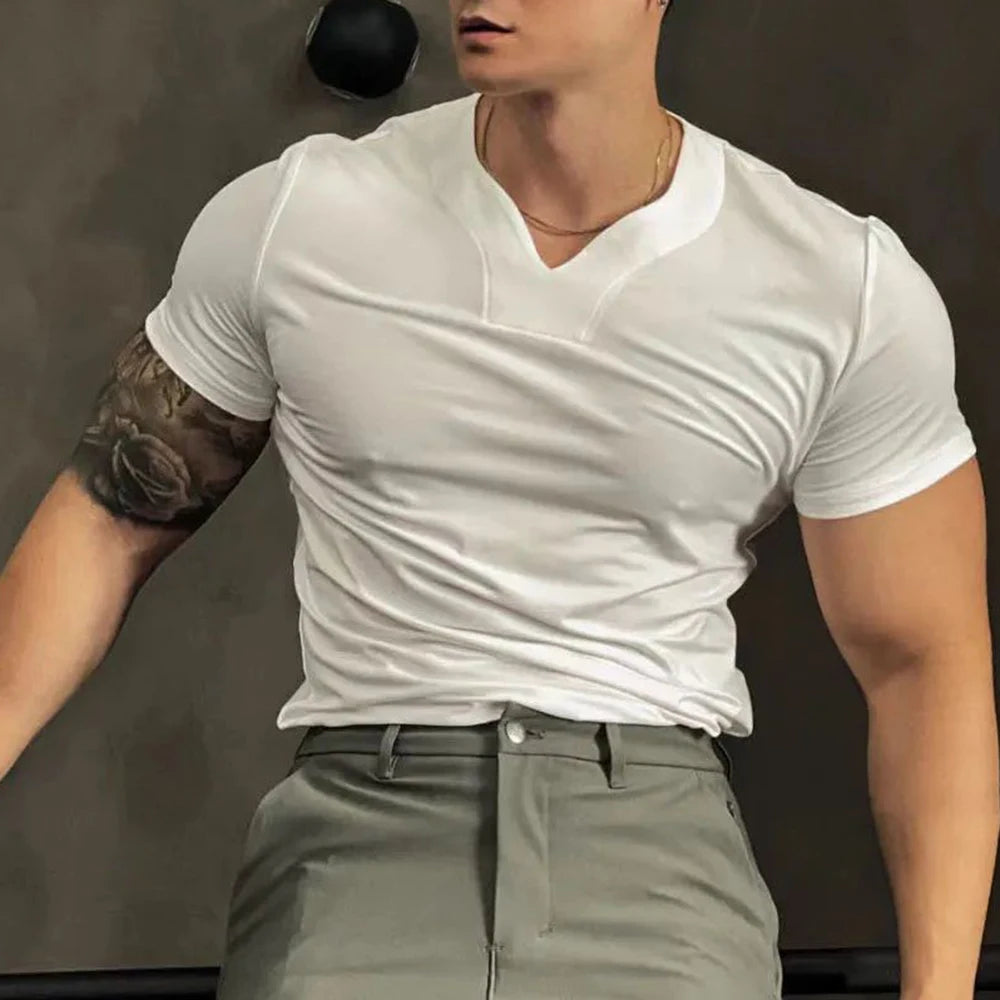 Threebooy Men's Fashion Casual T-Shirt Summer New Solid V-Neck Short Sleeve Top Tight Tee Shirts Muscle Male Workout Sexy T-Shirt LGBT Pri