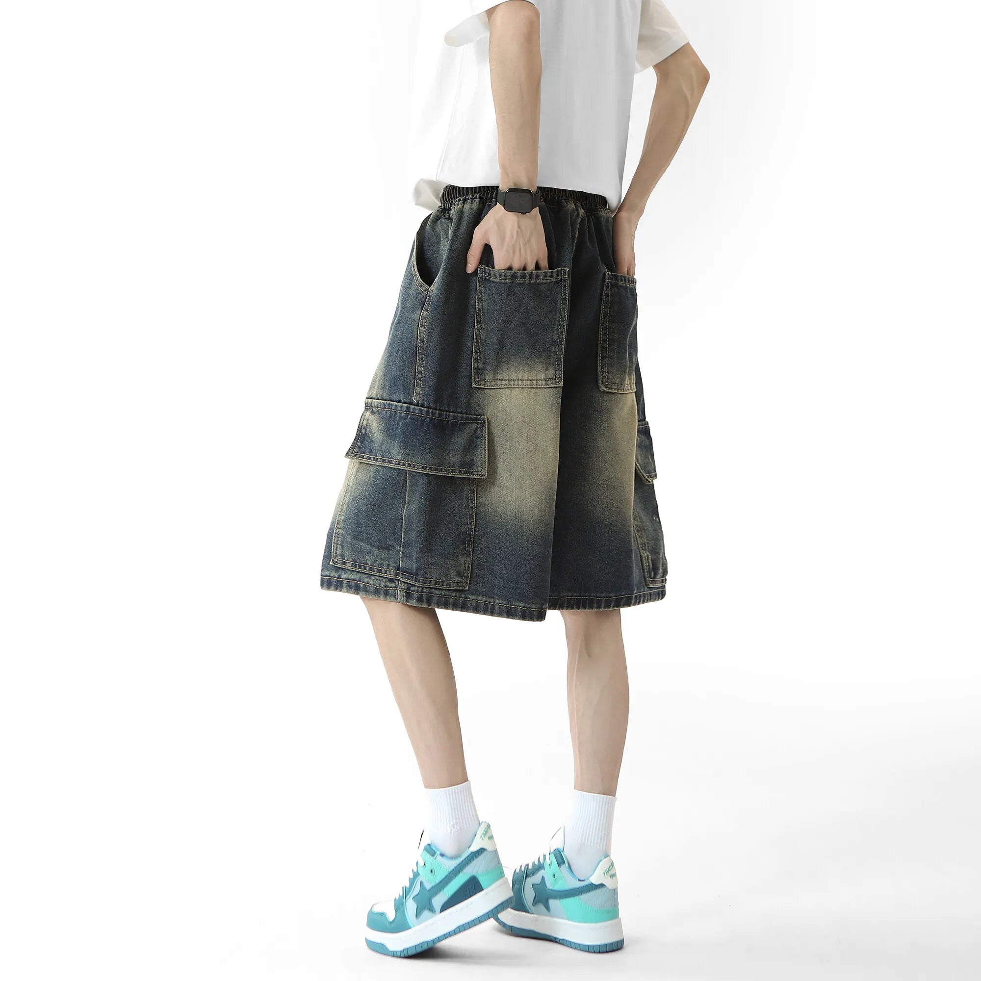 Threebooy Mens Denim Shorts Washed Cargo Drawstring waist Jorts Multi Pocket Workwear Casual Side Large Pockets Stretchy Waistband Outdoor