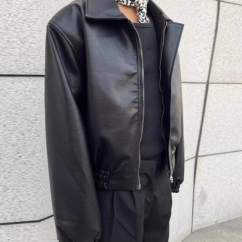 Threebooy  High Street Trendy PU Leather Crop Jacket Casual Textured Locomotive Zipper Turn-down Collar Solid Color Long Sleeve Men's Coats