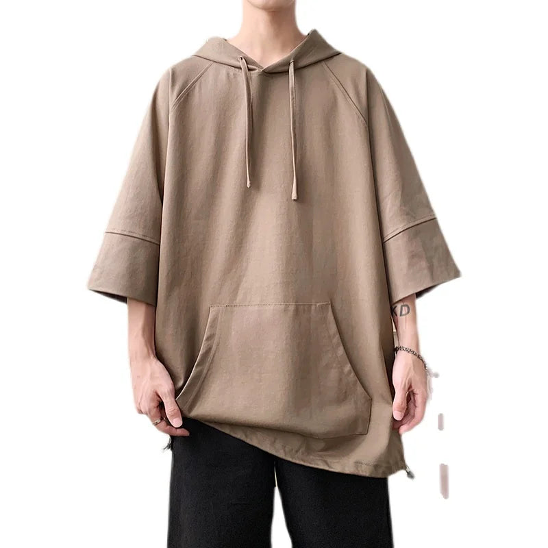 Threebooy Solid Color Hooded T shirt Men Summer Korean Short Sleeve Pullover Loose Casual T-shirt Streetwear Drawstring Tops Men Clothing