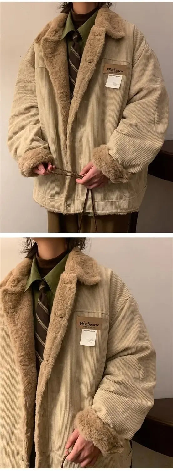 Threebooy Men's Retro Corduroy Padded Jacket Women Winter Loose Casual Thickened Cotton Turndown Collar Single-breasted Long Sleeves Tops