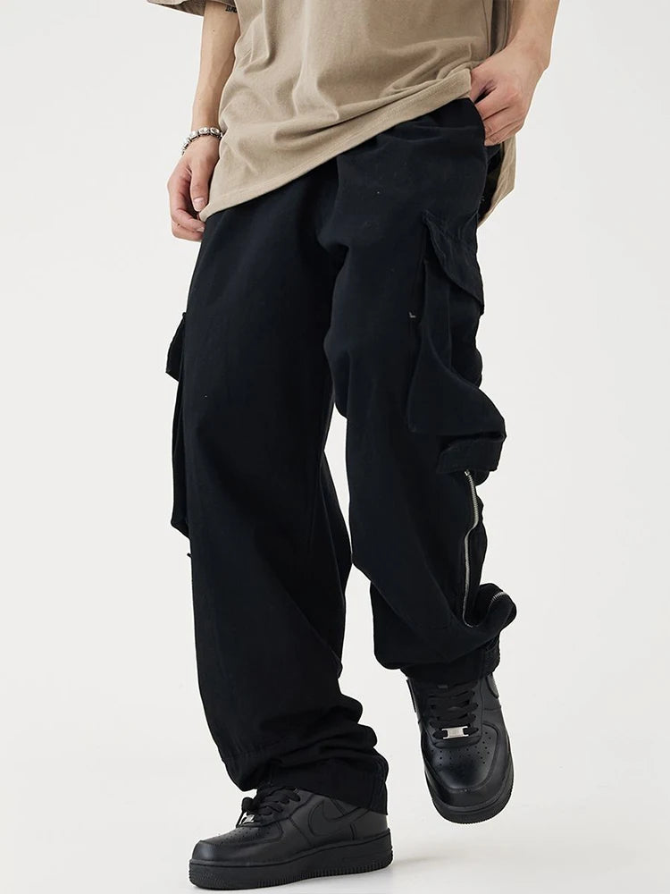 Threebooy Black Cargo Pants for Men Hip Hop White Cargo Trousers Male Vintage Japanese Streetwear Casual Safari Style Pocket Zip