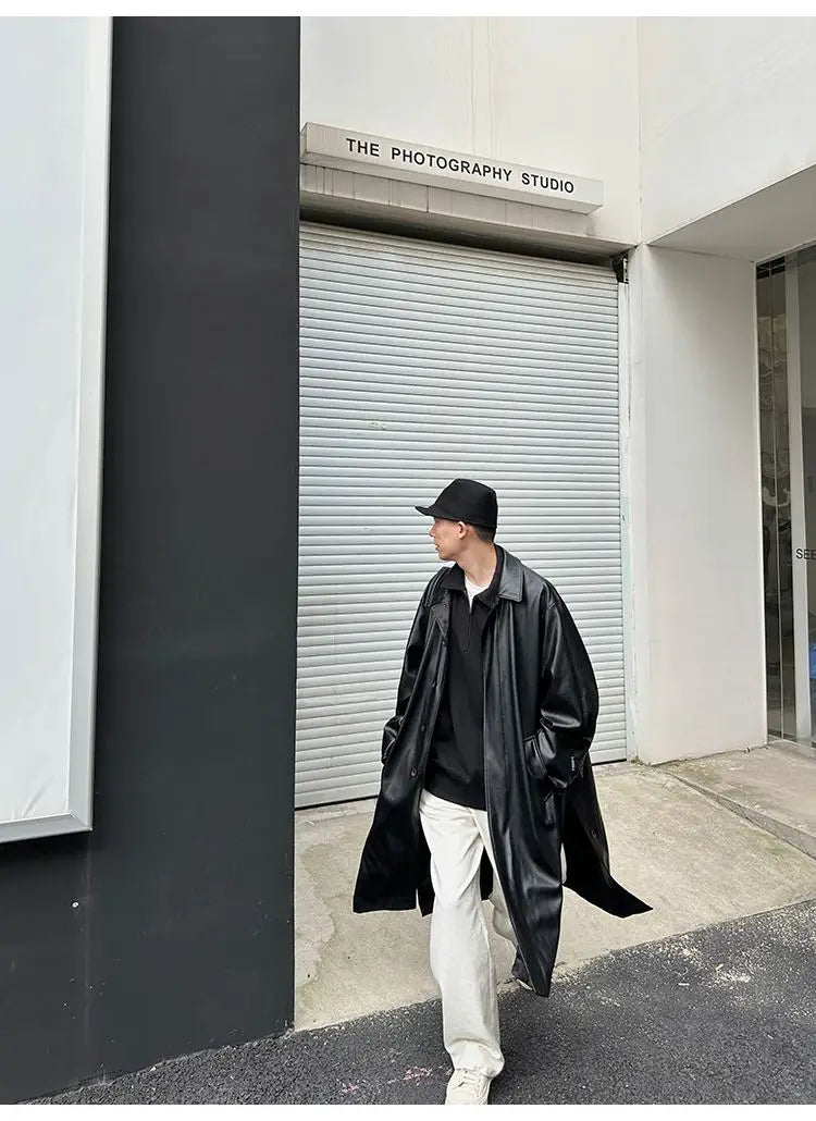 Threebooy 2025 Spring Pu Leather Jacket Men's Mid-length American Retro Long Jacket Lapel Button Coat Trendy Cityboy Windbreaker