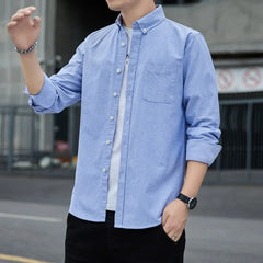 Threebooy  Spring and Autumn Men Long-sleeved Slim Shirts Solid Color Versatile Business Casual Tops Cotton