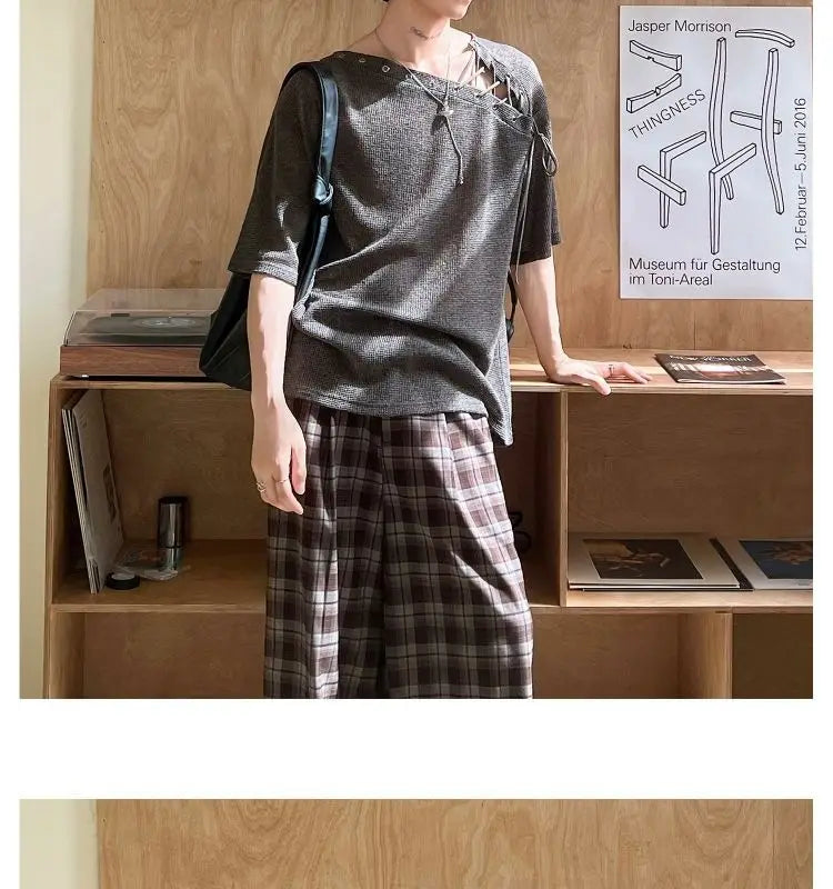 Threebooy Street Punk Shirt Off-shoulder Hollow T-shirt American 2025 New High-end Style Fashionable Casual Loose Short Sleeves