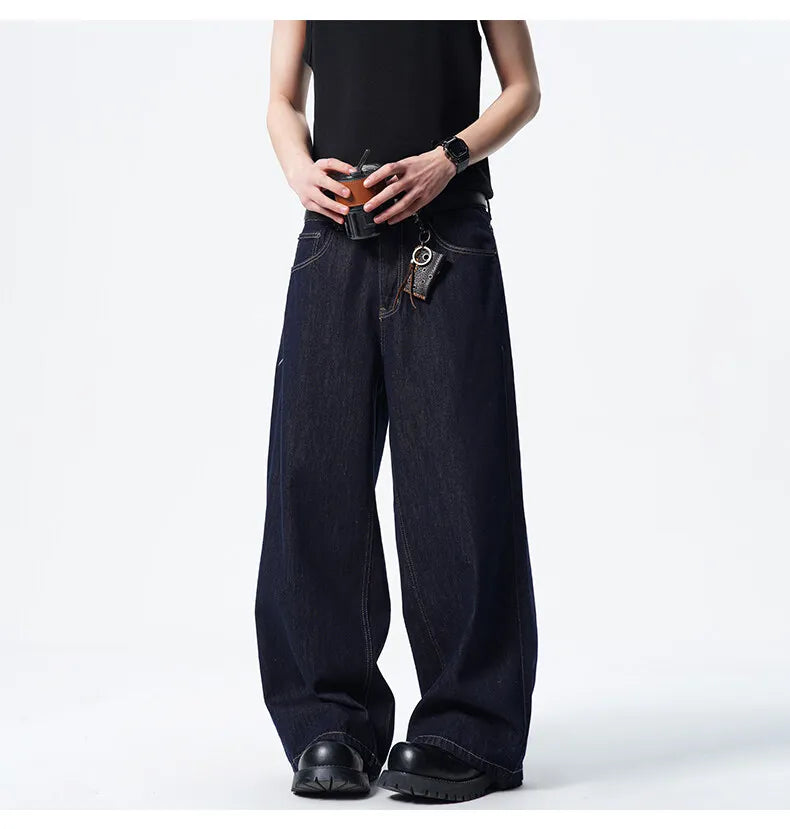 Threebooy Men Dark Blue Loose Drag Floor Length Jeans Classic Straight Leg Denim Pants Wholesale Hot Sale Minimalist Casual Streetwear