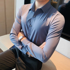 Threebooy Autumn New Solid Long Sleeve Dress Shirt Men Clothing Simple Slim Fit Casual Formal Wear Office Blouse Homme Hot Size S-4XL