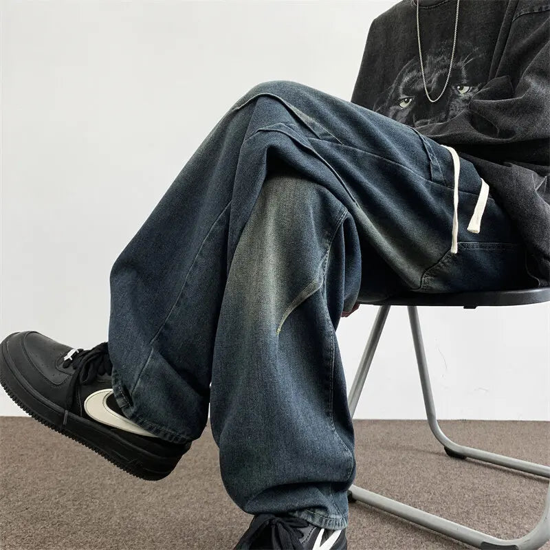 Threebooy  Mens Straight Leg Jeans Elastic Waistband Drawstring Comfort Fit Denim Casual Trousers Adjustable Waist Relaxed Fit