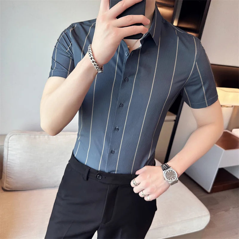 Threebooy Business Plaid Shirt Male Social Formal Work Pure Color Casual Short Sleeve Shirt Men Slim Fit Men's White Dress Shirt S-4XL