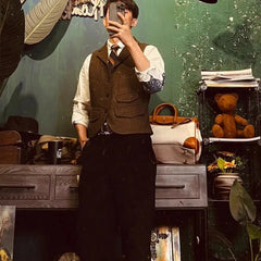 Threebooy Spring British Retro Wool Herringbone Vest French Fashion Elegant Style Tweed Vest Wool Khaki Suit Slim Vest Aesthetic Elegant