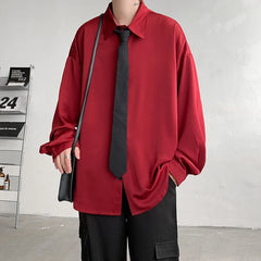 Threebooy Korean Fashion Ice Silk Shirts for Men Spring Summer Solid Color Long Sleeve Casual Loose Comfortable Button Up Shirt 5XL-M