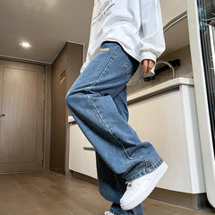 Threebooy  Branded Men's Baggy Jeans Classic Drawstring Loose Casual Straight Pants College Students Daily Versatile Blue Pants