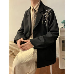 Threebooy Casual Blazers Men Orchid Embroidery Solid Color Single Breasted Suit Jackets Japan Style Notched Collar Popular Interview Suits