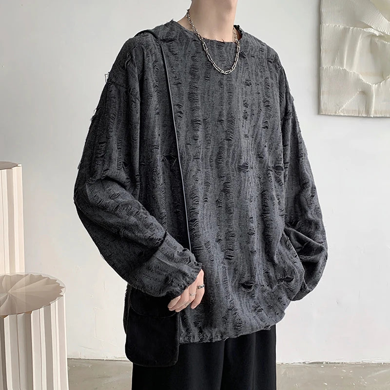 Threebooy Spring Summer Men Hole T Shirts Harajuku Hip Hop Long Sleeve Oversized Tshirts Male Korean Fashion Tee Tops Plus Size 3XL