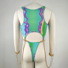 Threebooy Men Nightclub Jumpsuit Colorful Printed Chain T Shaped Jumpsuit Sexy Lingerie Fetish Nightwear Bodysuit Siamese Underwear