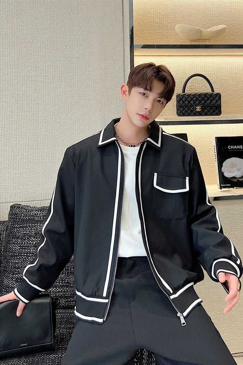 Threebooy Korean Street clothing fashion Spring Casual Contrast Colors Striped Male Casual Jacket Men's Niche Desgin Black Coats