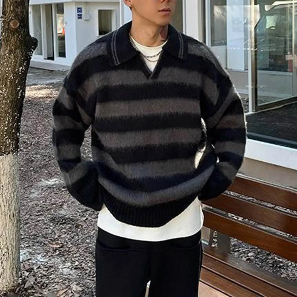 Threebooy  Autumn New Men's Contrast Striped Sweater American Retro Fashion High Street Hip Hop Loose Casual Niche Men's Jacket