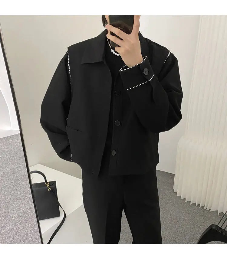 Threebooy Fashion Black Stitching Jacket Men's Buttons Spring Autumn New Loose Turndown Collar Single-breasted Long Sleeves Tops Jackets
