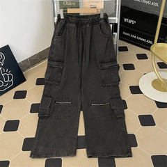 Threebooy  Autumn American high street men and women trendy straight tube multi pocket workwear jeans for couples loose retro casual pants