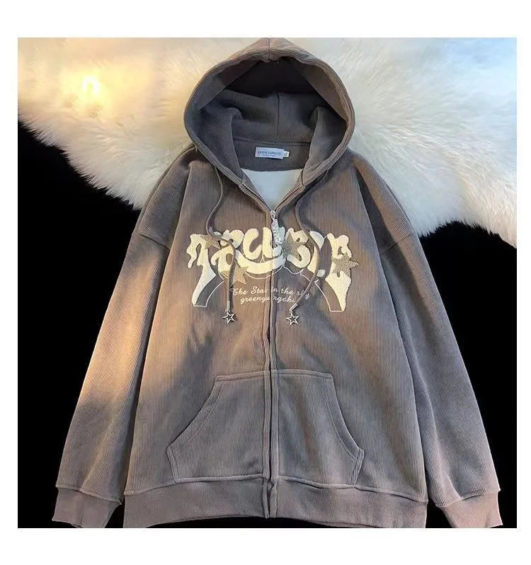Threebooy Fashion Embroidery Zip Up Hoodies Women Autumn Long Sleeve Tops Loose Hood Shirt Harajuku Y2K Clothes Female Sweatshirt Jacket