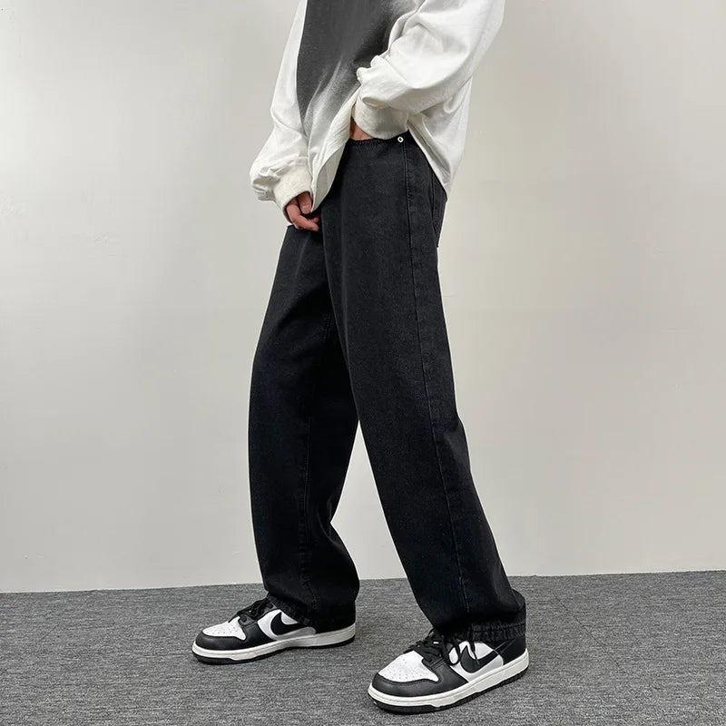 Threebooy New Korean Fashion Men's Casual Baggy Long Jeans Classic Man Straight Denim Wide-leg Pants Solid Color