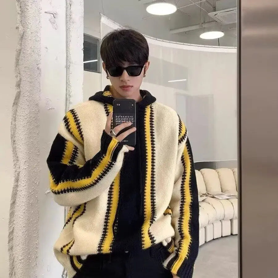 Threebooy Korean street style men and women trendy color blocked striped hooded sweater for couples autumn and winter loose retro casual