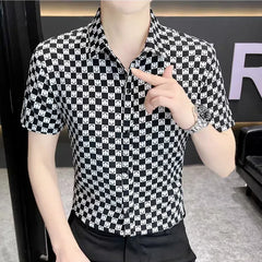 Threebooy  Trend Versatile Summer New Thin Shirts Men Clothing Lapel Print Plaid Single Breasted Streetwear Fashion Slim Short Sleeve Tops