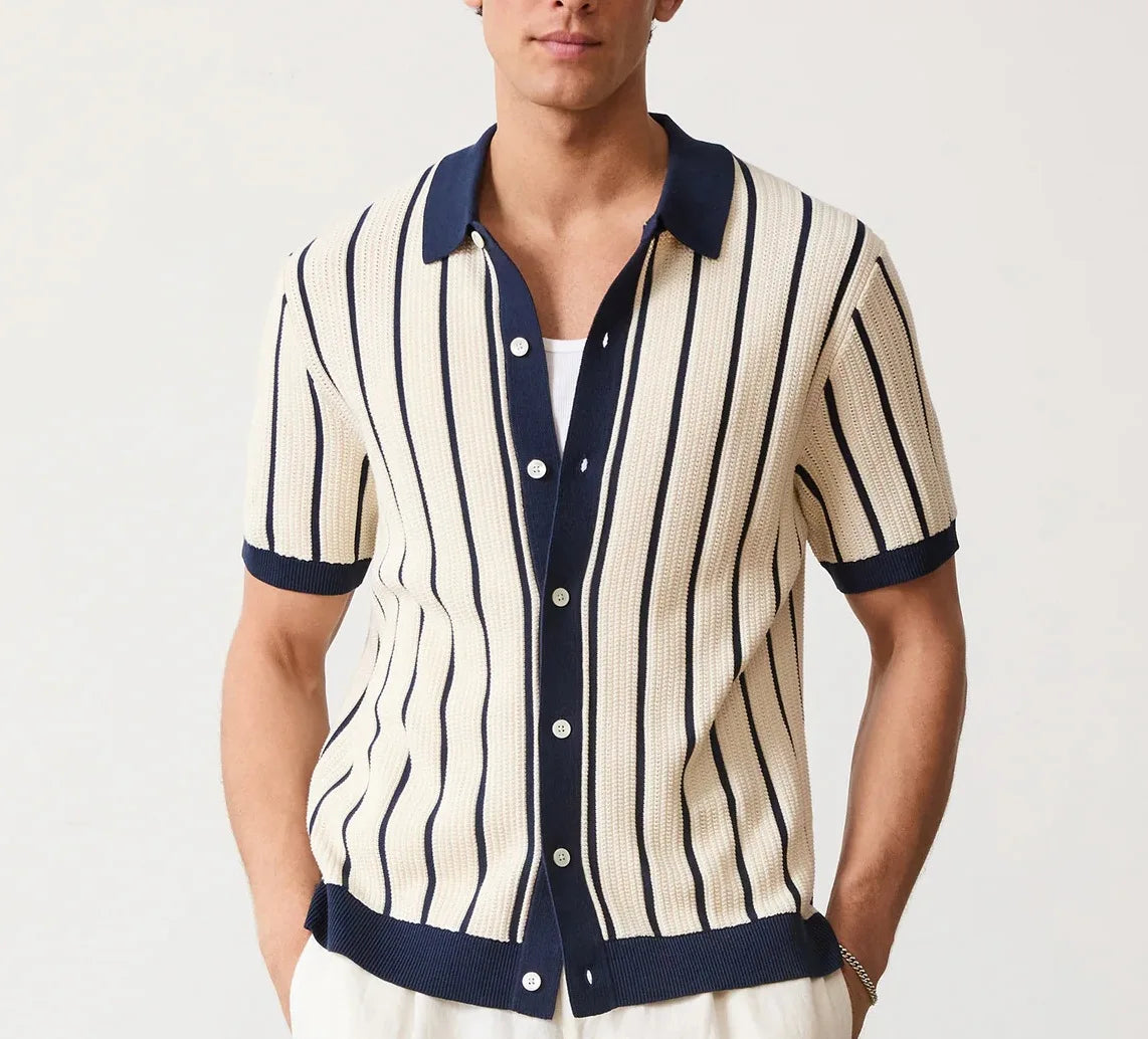 Threebooy New Summer Men's Striped Knit Polo Shirts Fashion Patchwork Short Sleeve Turn Down Collar Smart Casual Polos Men Knitted Tops