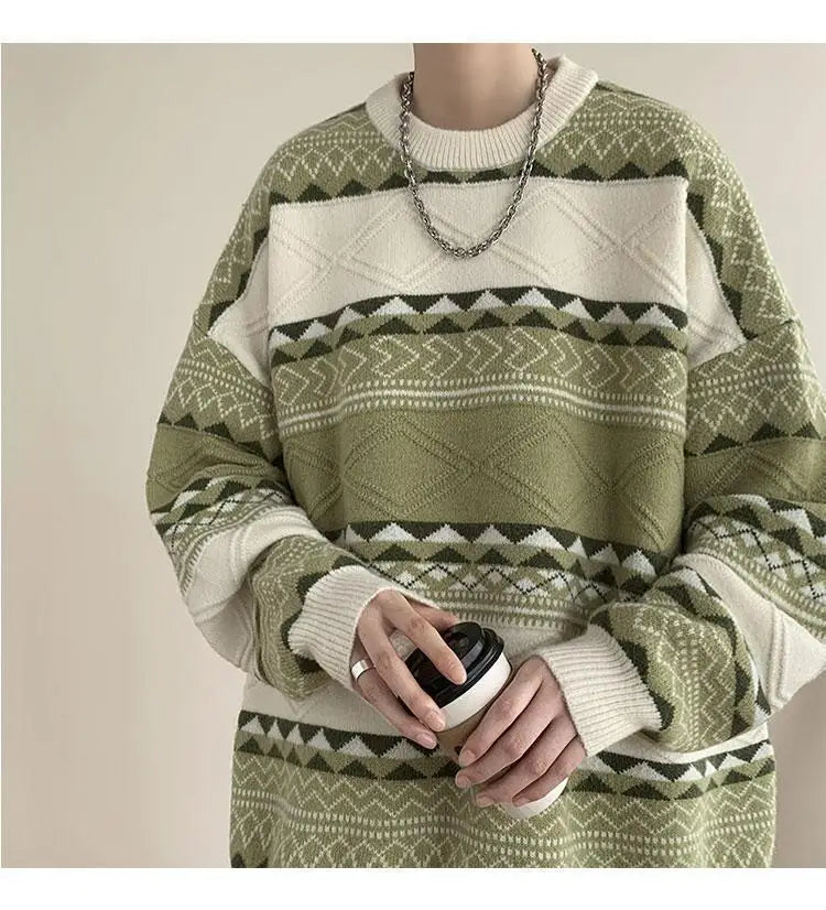 Threebooy Autumn and Winter Round Neck Sweater for Men Casual Trendy Brand Streamer Lazy Style Contrast Striped Knitted Sweater