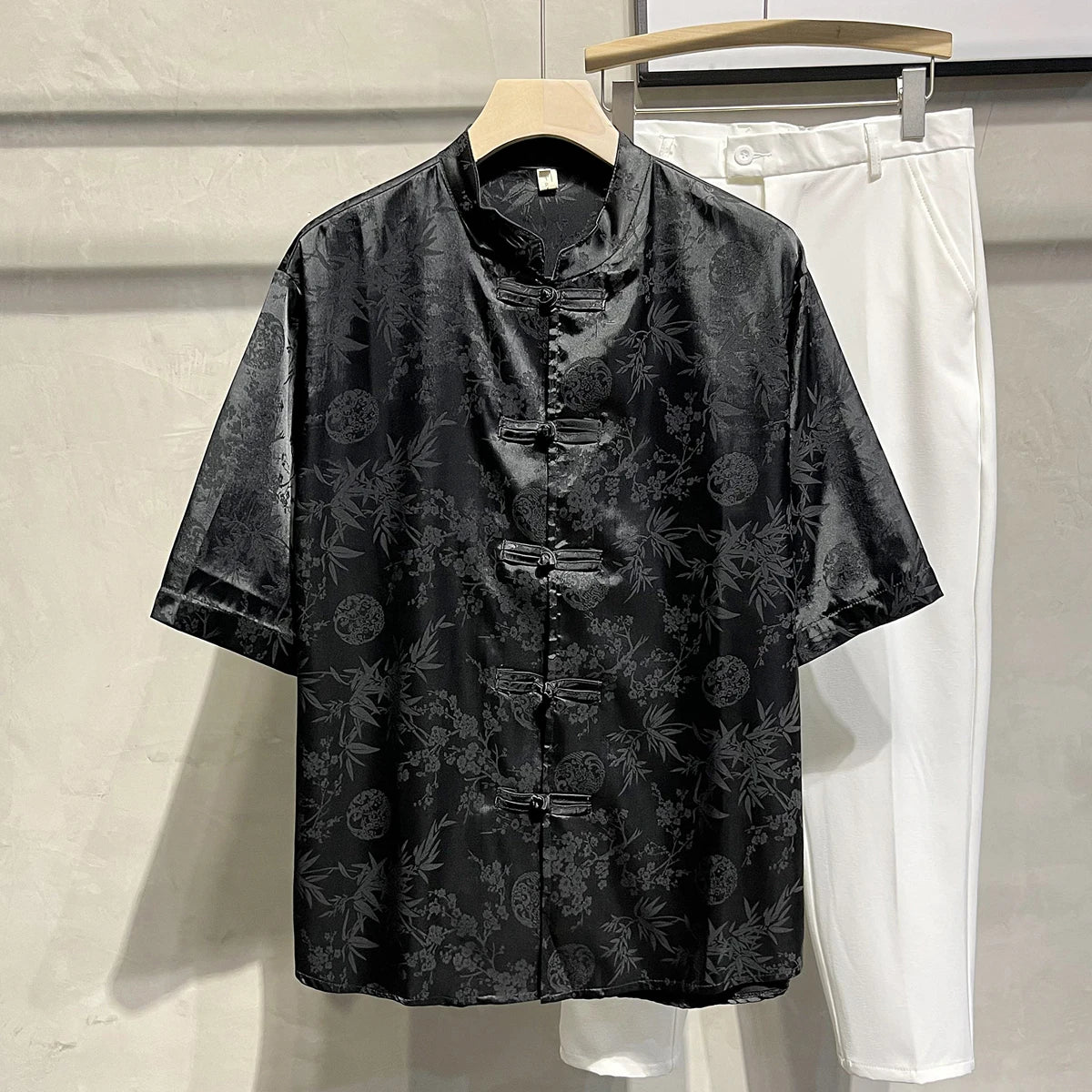 Threebooy  Chinese Style Men's Ice Silk Short-sleeved Shirt Men's Summer Ice Silk Fashion Trend Button Tang Suit Hanfu Thin Jacket Urban
