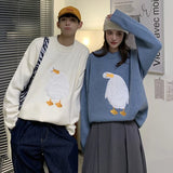 Threebooy Harajuku Oversized Knitwear Sweater Men Cartoon Duck Goose Embroidery Jumpers Japanese Fashion O-Neck Streetwear Couple Unisex