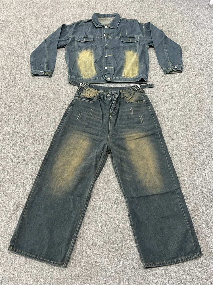 Threebooy Two Piece Set/single Piece Spring Autumn Jackets Jeans Tracksuit Trendy Vintage Loose Washed Old Jeans Set Male Street Outerwear