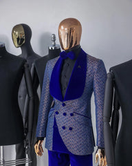 Threebooy  Luxury Men's Suit 2 Pieces Jacquard Blazer Pants One Button Velvet Wide Lapel Formal Business Slim Wedding Groom