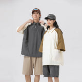 Threebooy Couple Japanese Shirt Harajuku Oversized Short Sleeve Shirt for Men Women Hawaiian Contrast Stitching Polo Geometric Streetwear