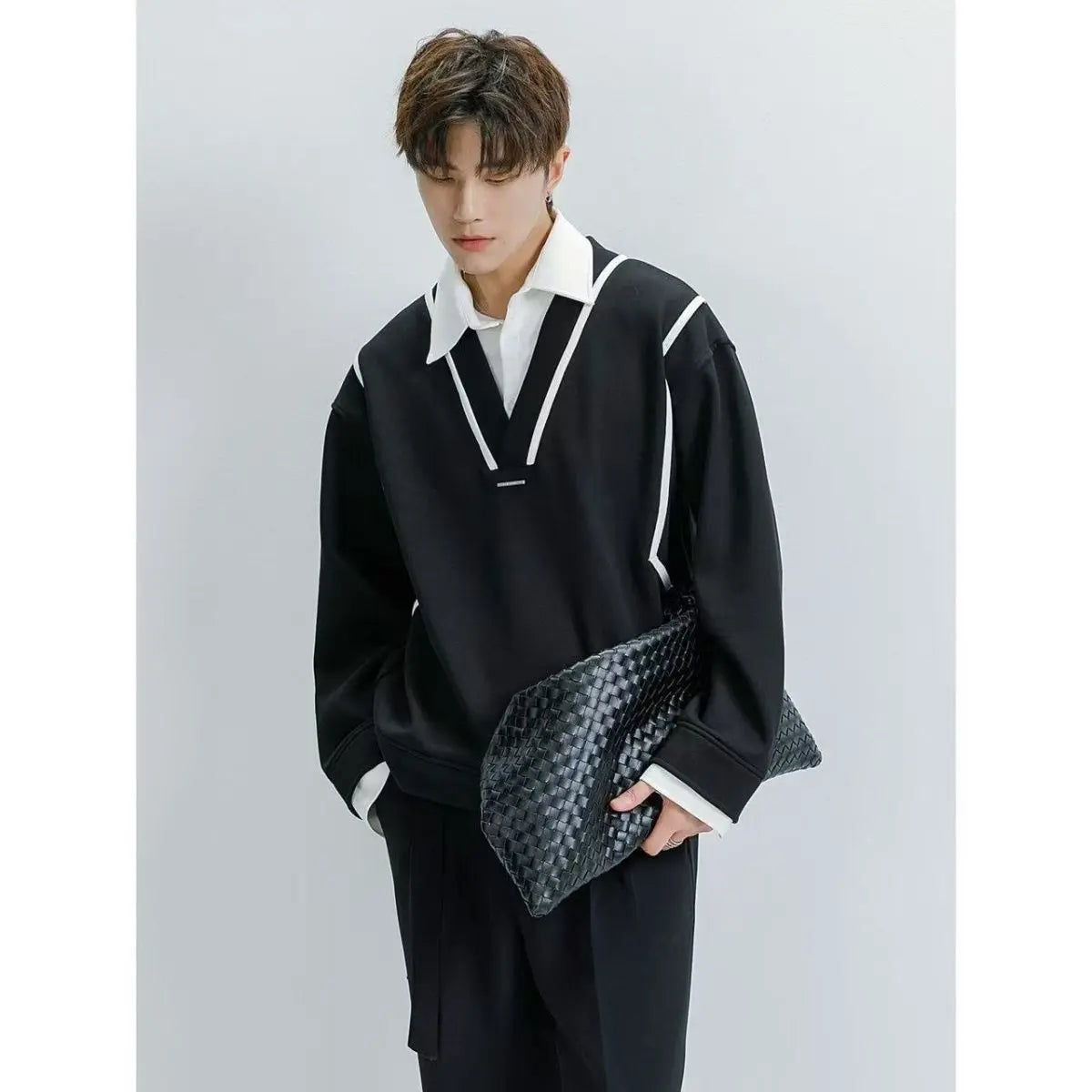 Threebooy Preppy Elegant Shirt High-end Sweatshirt for Men Spliced men's Fake Two Pieces Casual Long-sleeved Loose Lapel Shirt