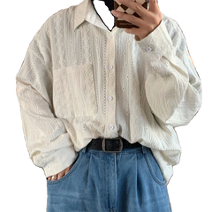 Threebooy French Retro Hollow Long-sleeved Shirt Men Women Korean Style Lazy Style High-end Niche Design Casual Loose Shirt Aesthetic