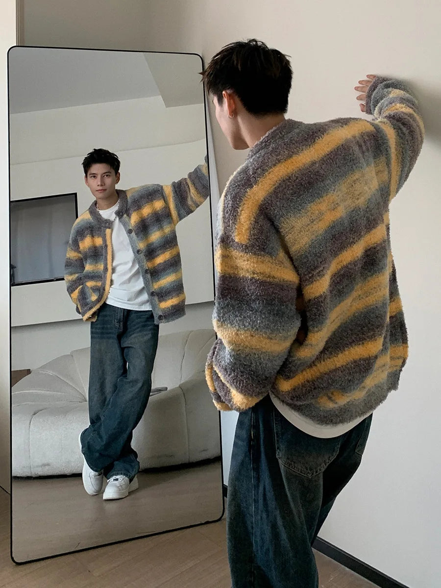 Threebooy 90s Streetwear American Striped Patchwork Knitted Cardigan Sweater Men's Autumn Winter Loose Long Sleeved Jacket Top