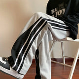 Threebooy Japanese Retro Casual Pants Men's Fitting Straight Leg Pants College Style Wide Striped Patchwork Drawstring Sweatpants Autumn