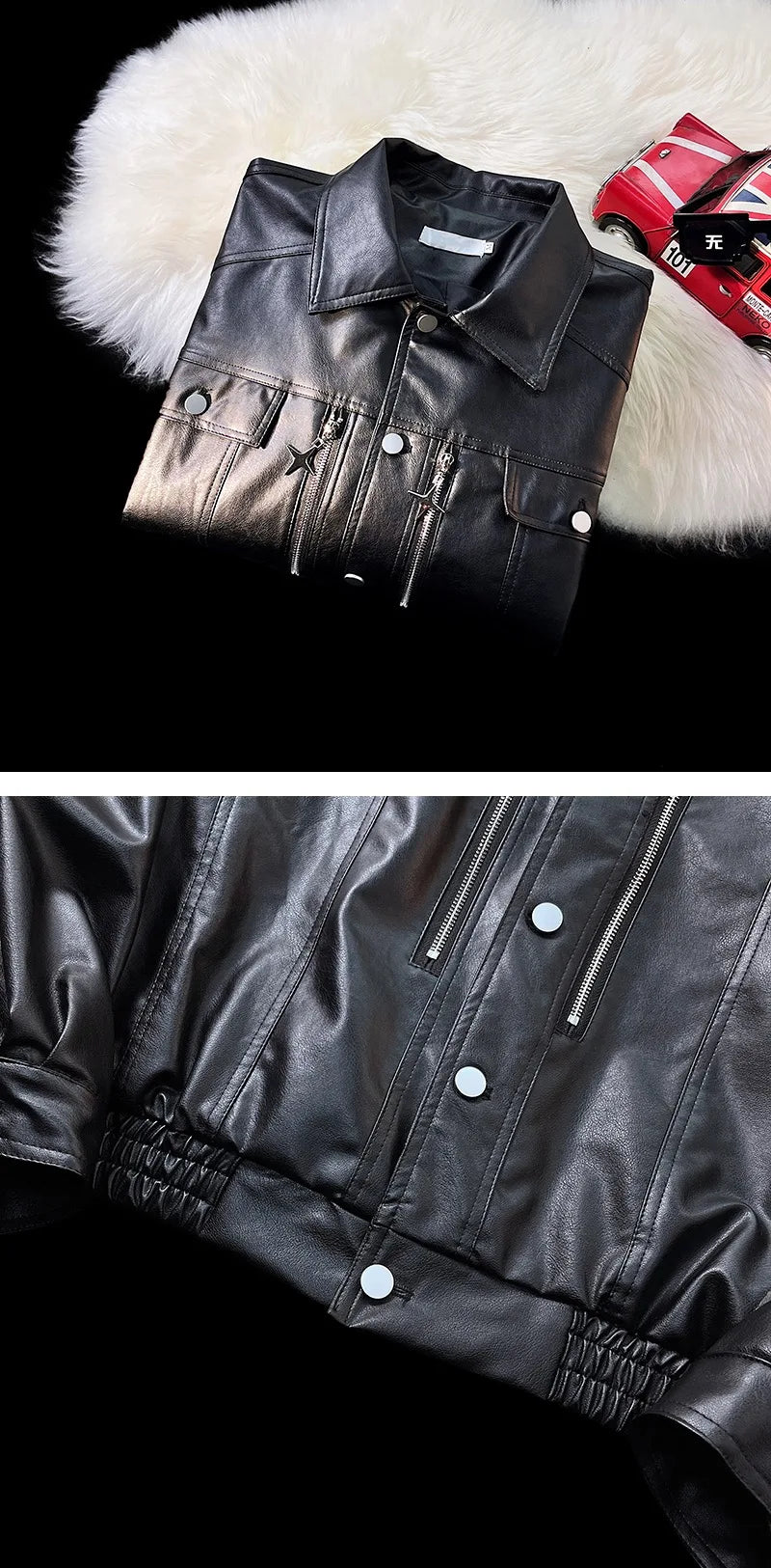 Threebooy Retro Motorcycle Leather Jacket Men's Spring Autumn Pu Jacket Loose Windproof Jackets Zipper Single-breasted Turndown Collar Top