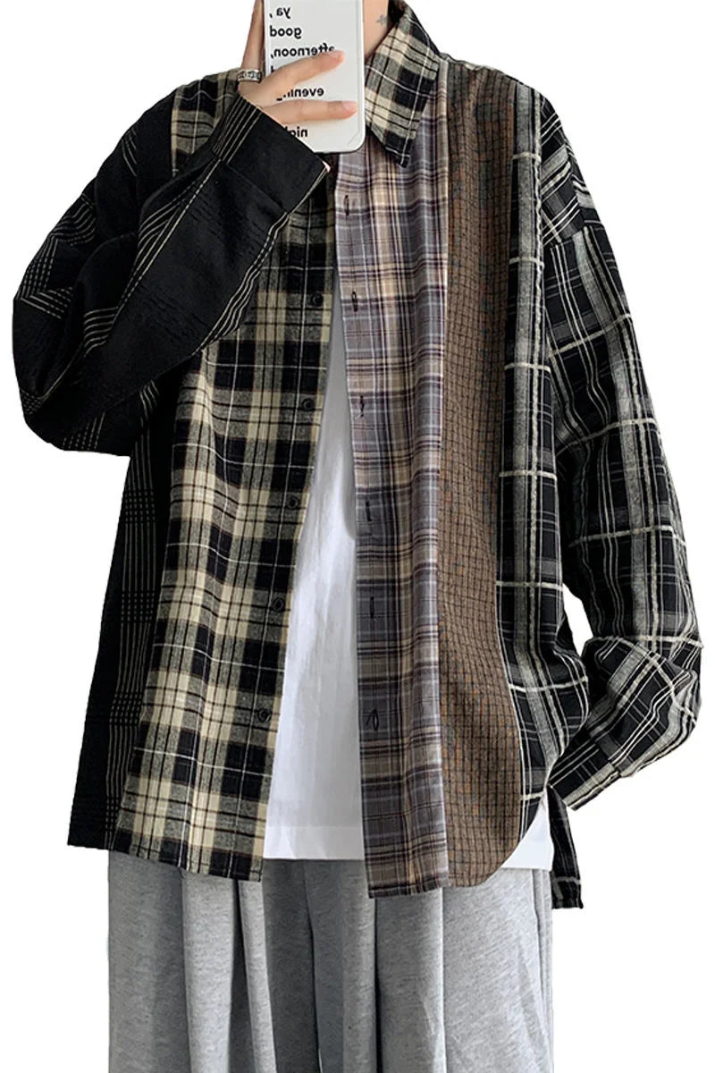 Threebooy Men's Fashion Trend Loose Long Sleeves Hawaiian Shirts Cargo Splicing Plaid Printing Shirts Black Color Camisa Masculina